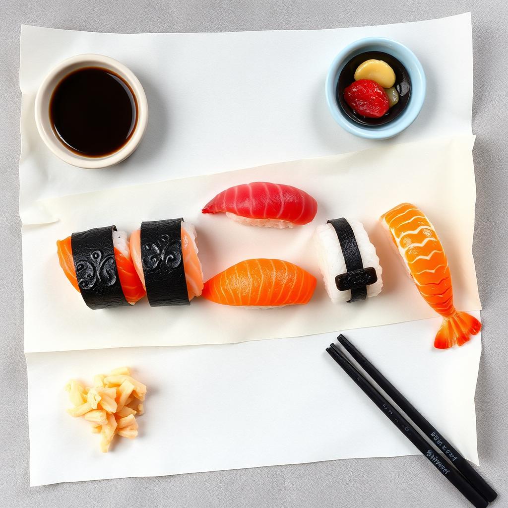 Flat-lay of an eight-piece nigiri set on cream paper