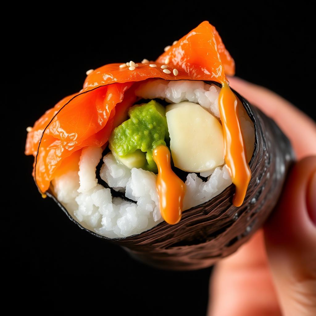Close-up of a salmon hand roll wrapped in dark nori